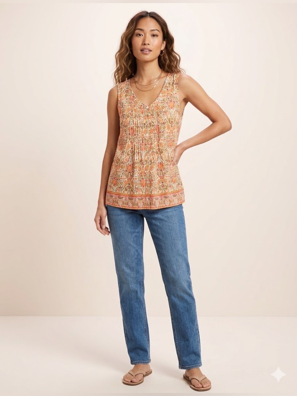 J. Jill Floral V-Neck Sleeveless Top in Orange, Pink and Green, Size Small
